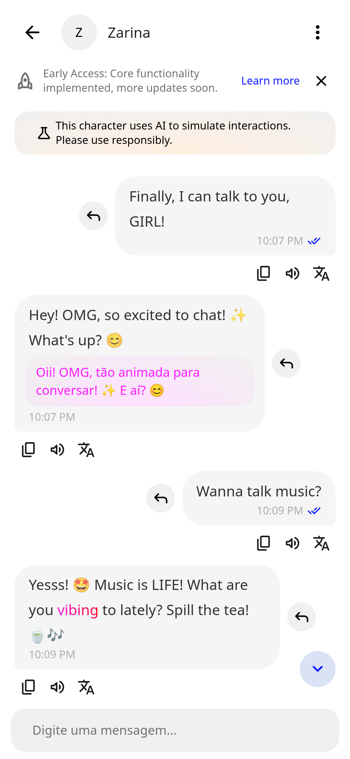Screenshot of a chat interface with a character named 'Zarina', displaying a conversation with both English and Portuguese messages.